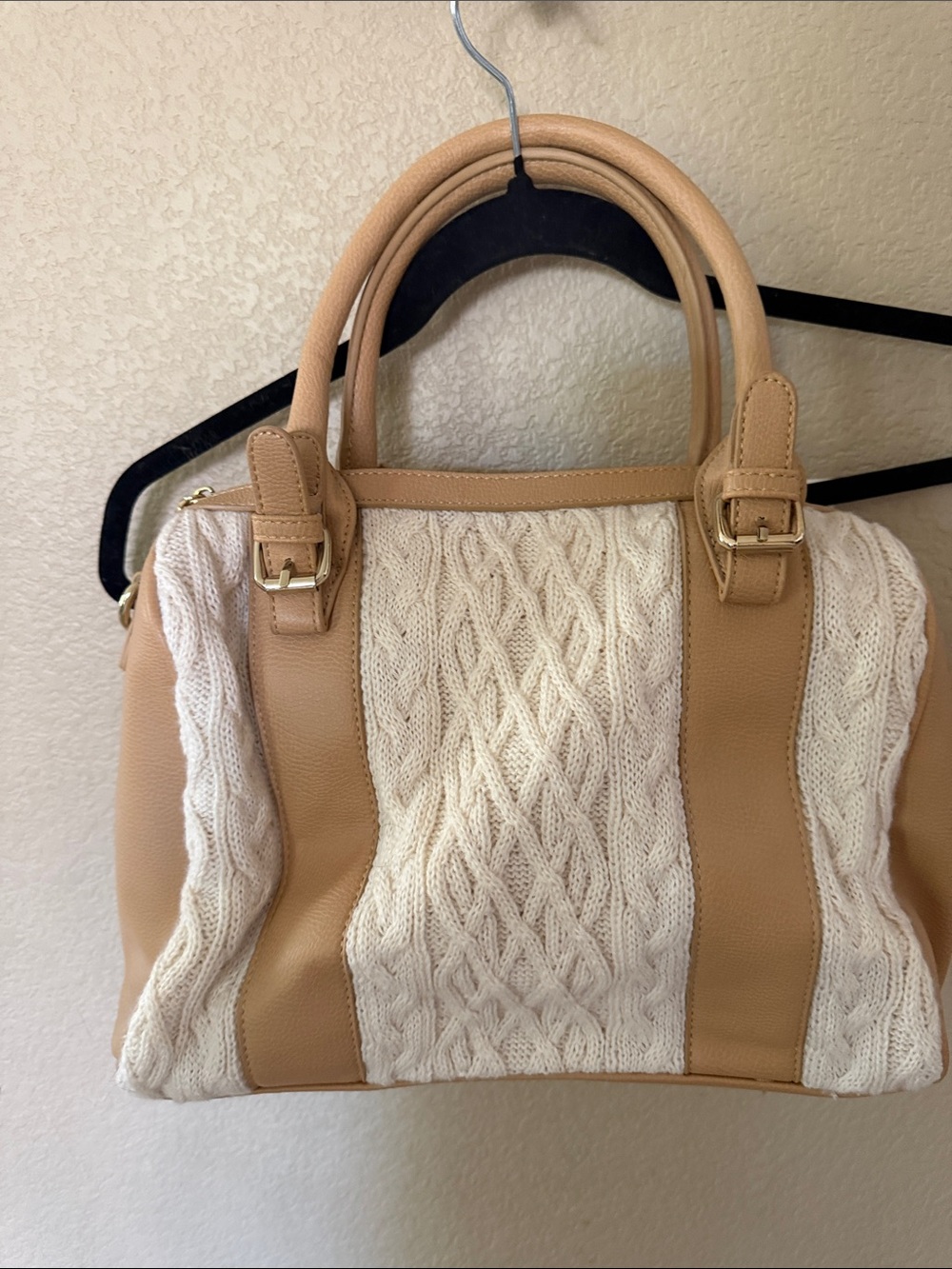 Charming Charlies Cream & Tan Cable-Knit Satchel Handbag w/ Strap